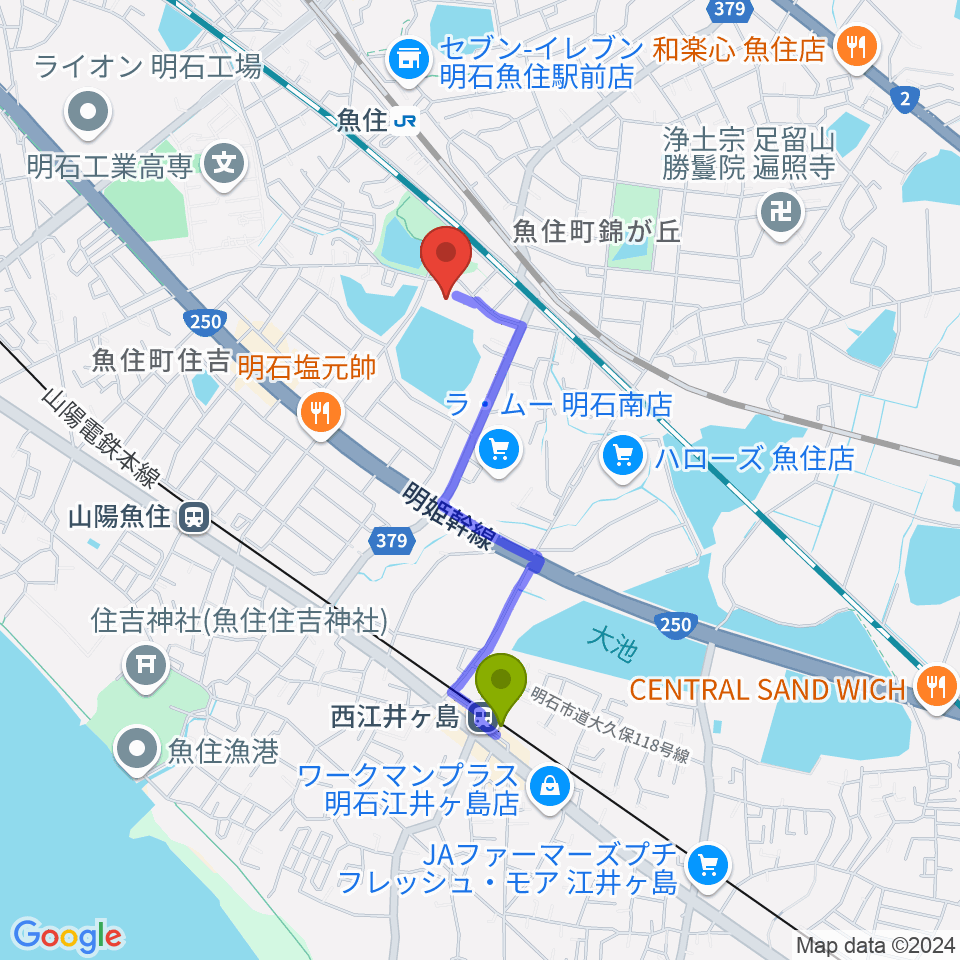 西江井ヶ島駅から明石市立西部市民会館へのルートマップ地図