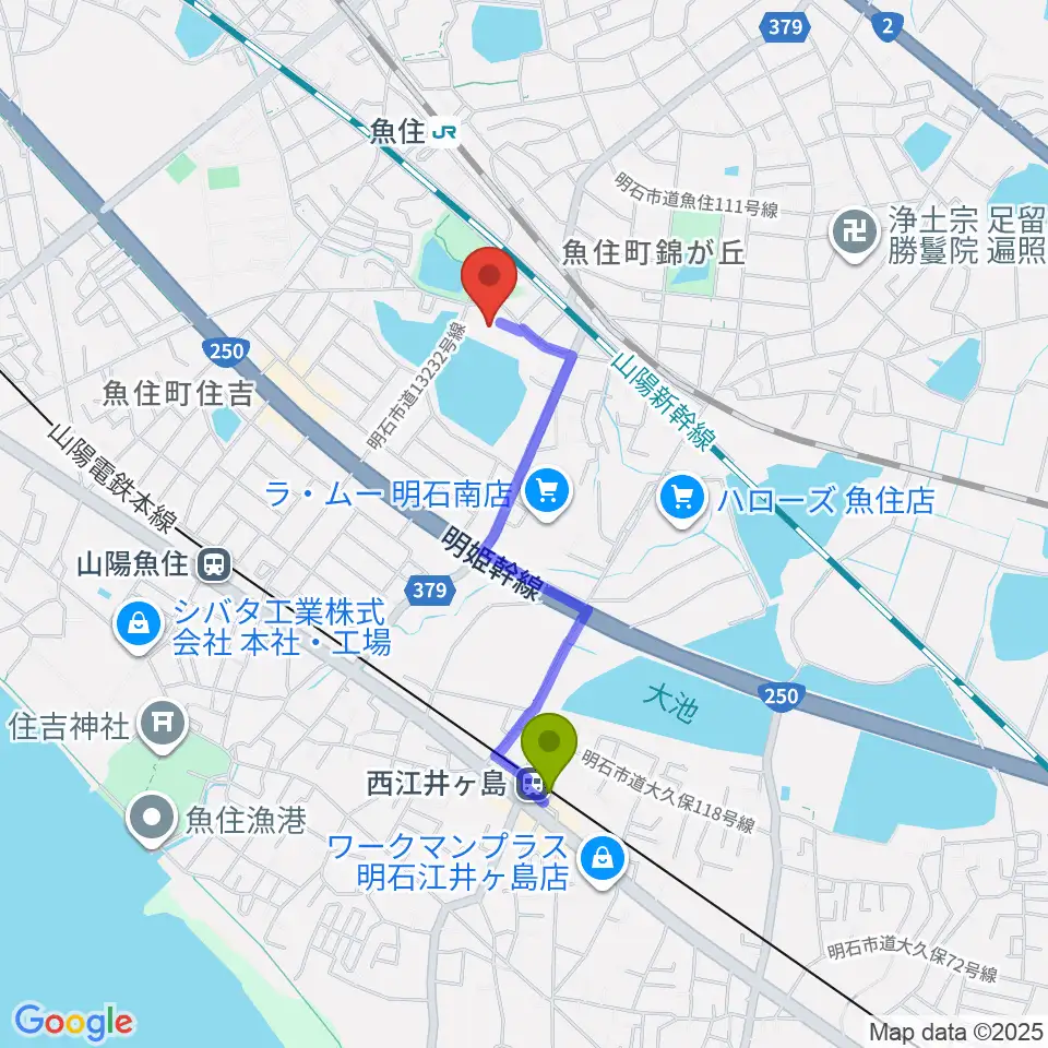 西江井ヶ島駅から明石市立西部市民会館へのルートマップ地図