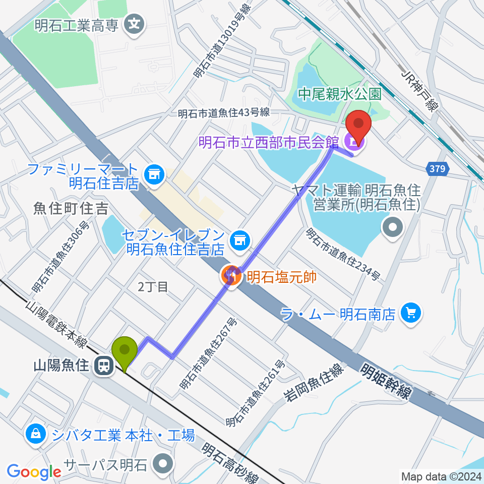 山陽魚住駅から明石市立西部市民会館へのルートマップ地図