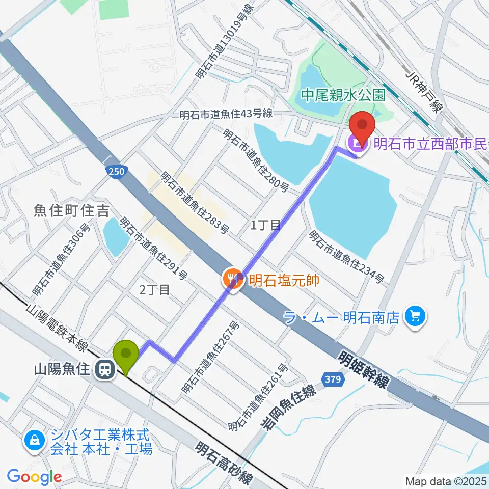 山陽魚住駅から明石市立西部市民会館へのルートマップ地図