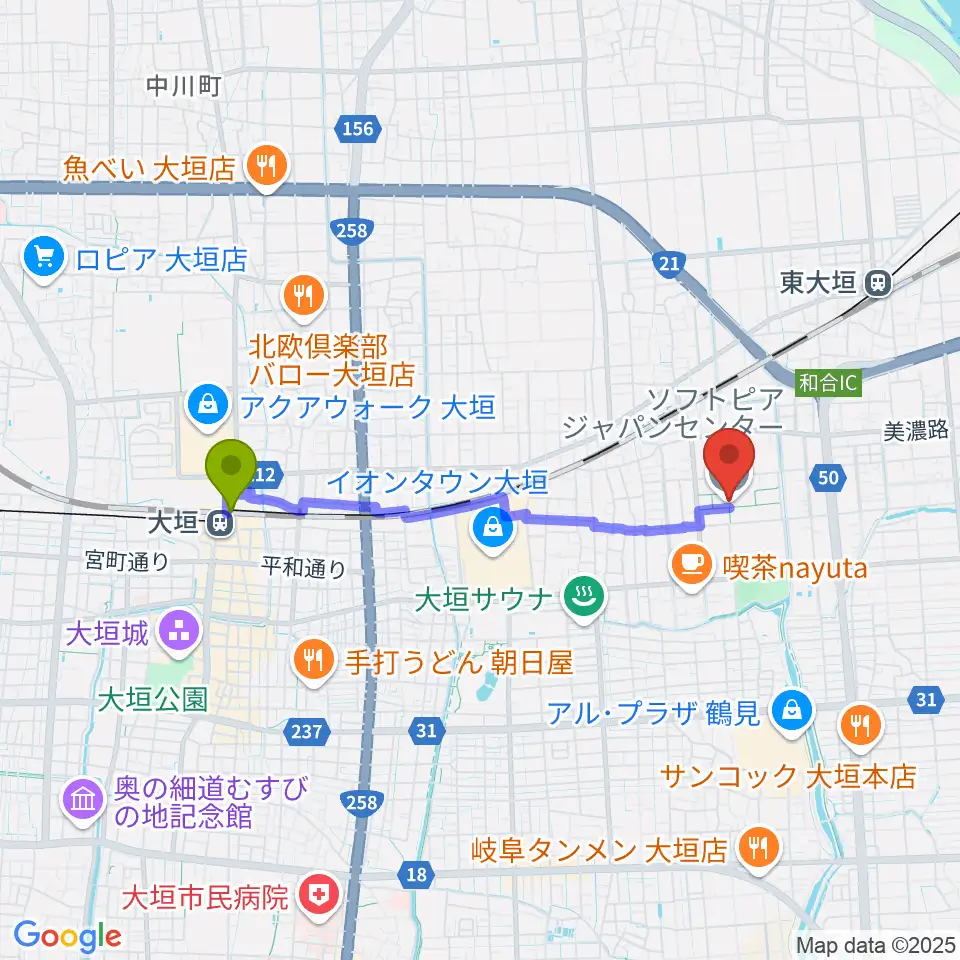 大垣駅からソフトピアジャパンセンターへのルートマップ地図