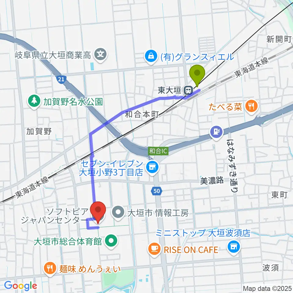 ソフトピアジャパンセンターの最寄駅東大垣駅からの徒歩ルート（約18分）地図