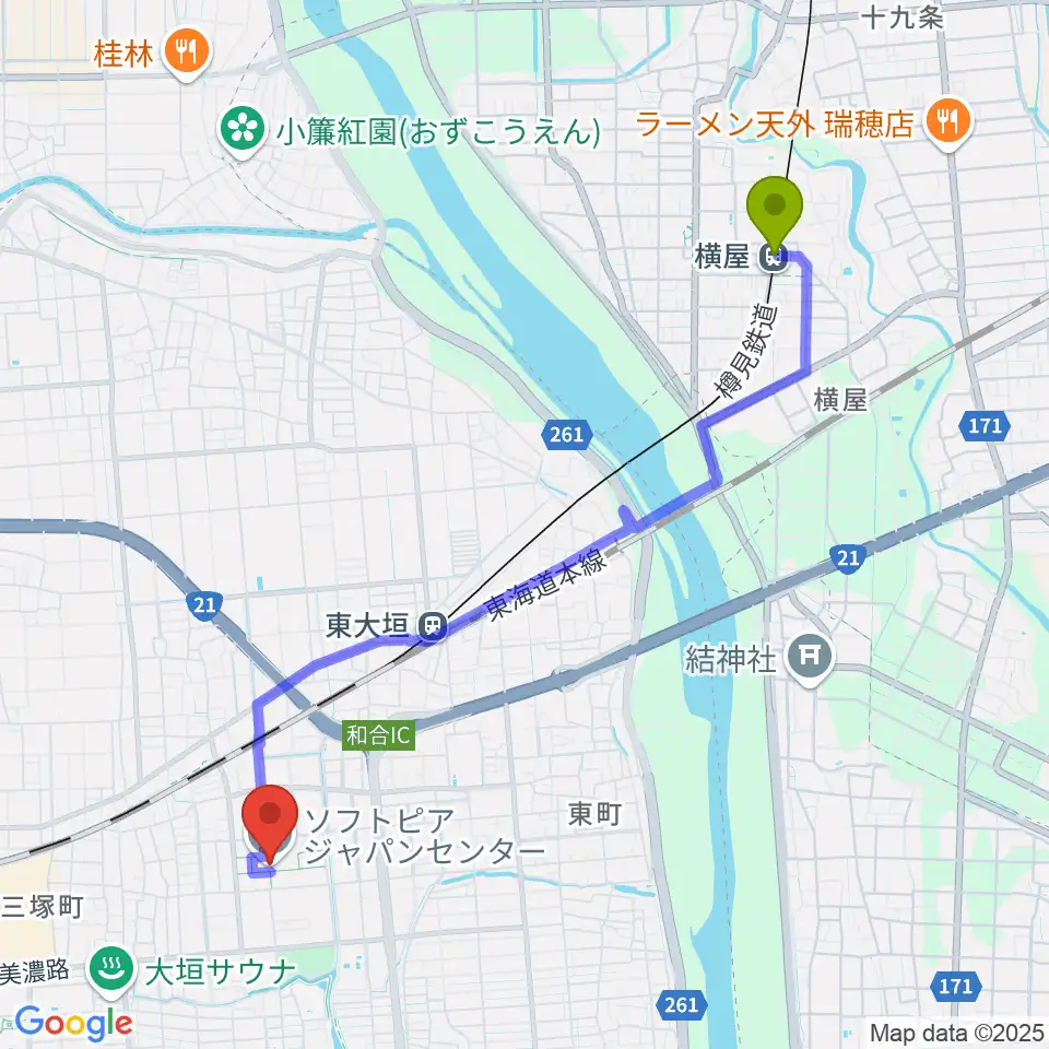 横屋駅からソフトピアジャパンセンターへのルートマップ地図