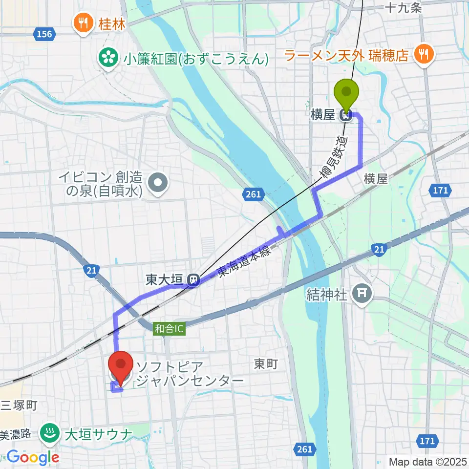 横屋駅からソフトピアジャパンセンターへのルートマップ地図