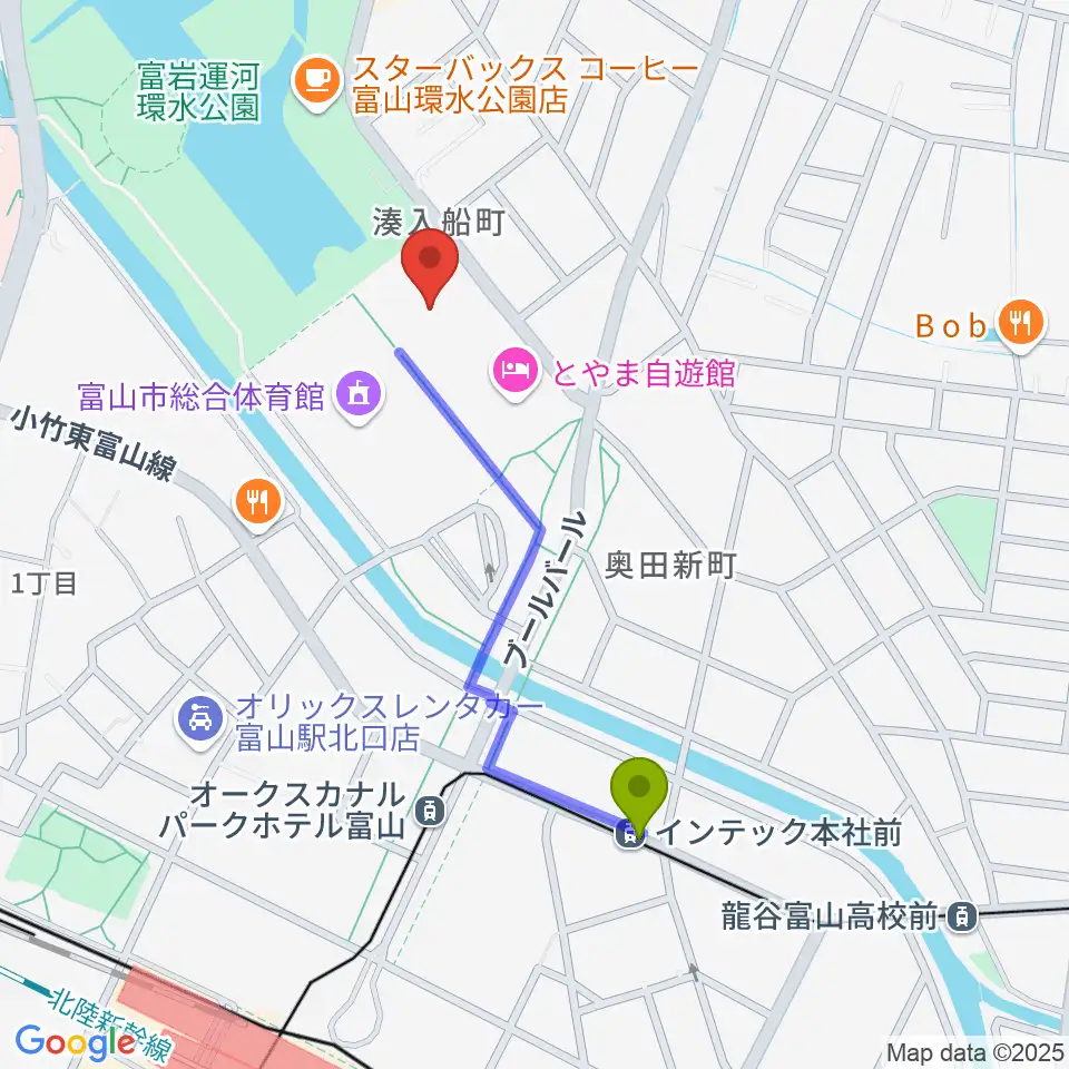 インテック本社前駅から富山県民共生センター サンフォルテへのルートマップ地図