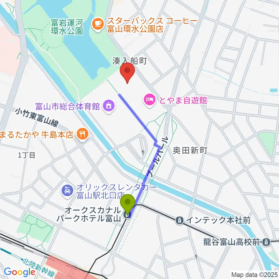 富山県民共生センター サンフォルテの最寄駅オークスカナルパークホテル富山前駅からの徒歩ルート（約7分）地図