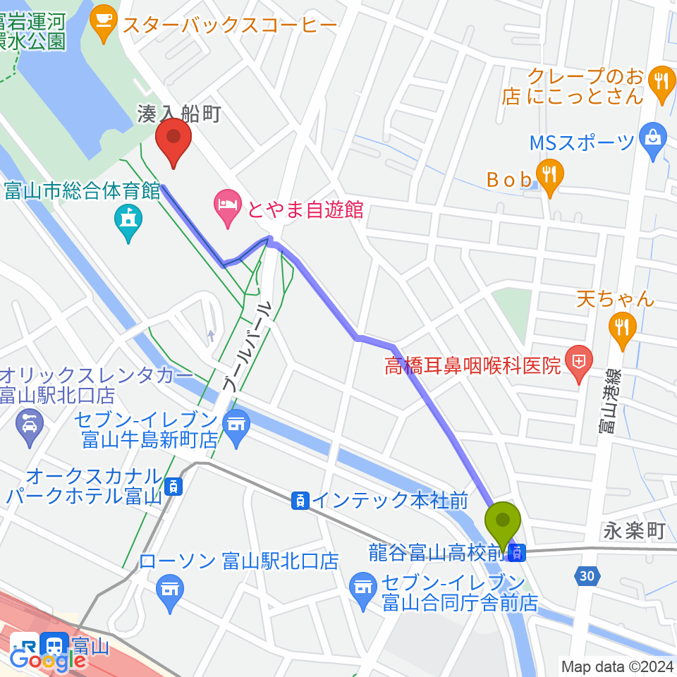 龍谷富山高校前（永楽町）駅から富山県民共生センター サンフォルテへのルートマップ地図