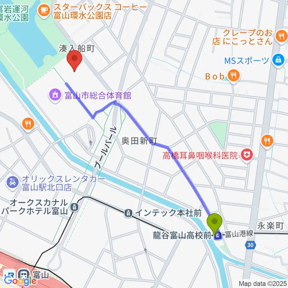 龍谷富山高校前（永楽町）駅から富山県民共生センター サンフォルテへのルートマップ地図