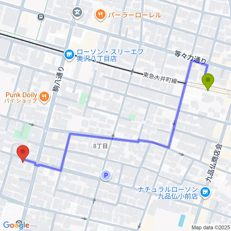 ワクイシステム/涌井純子ハープ教室の最寄駅九品仏駅からの徒歩ルート（約7分）地図