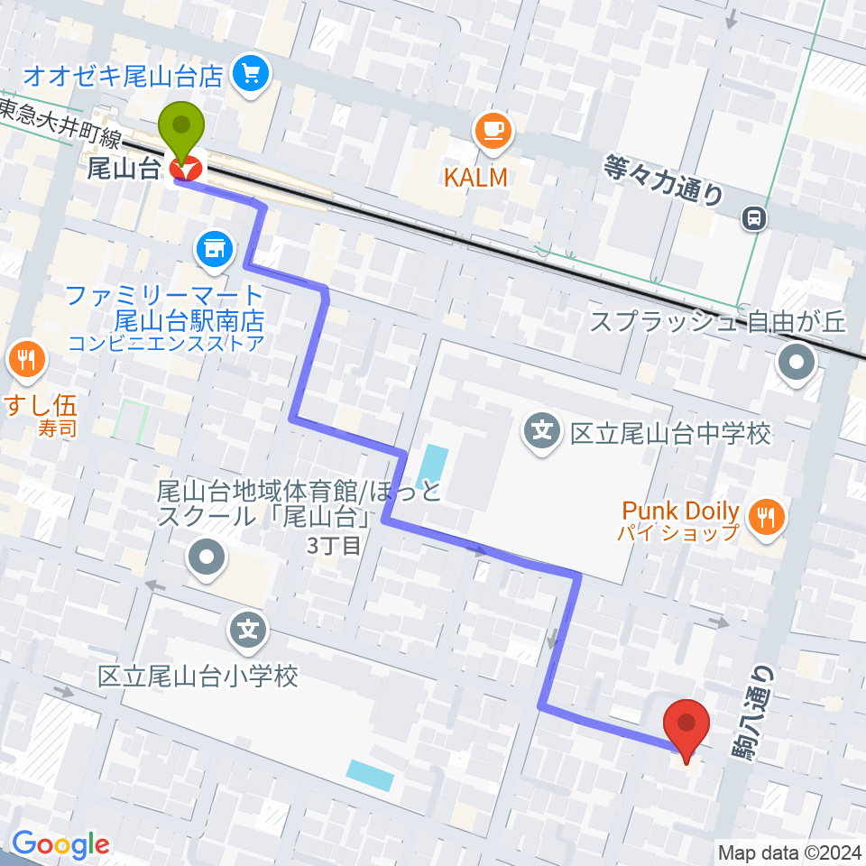 尾山台駅からワクイシステム/涌井純子ハープ教室へのルートマップ地図