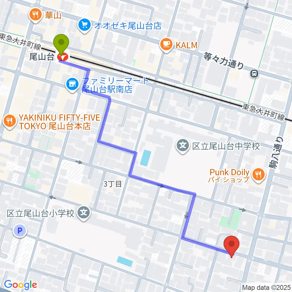 尾山台駅からワクイシステム/涌井純子ハープ教室へのルートマップ地図