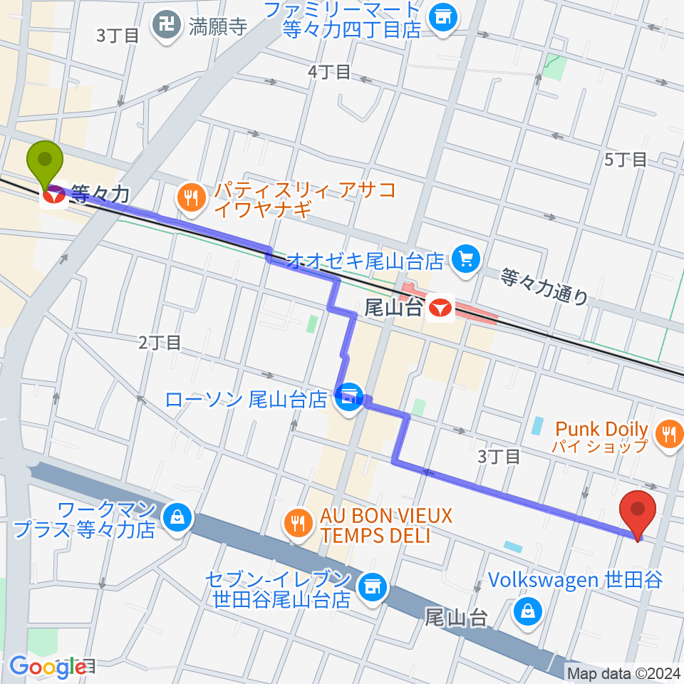 等々力駅からワクイシステム/涌井純子ハープ教室へのルートマップ地図