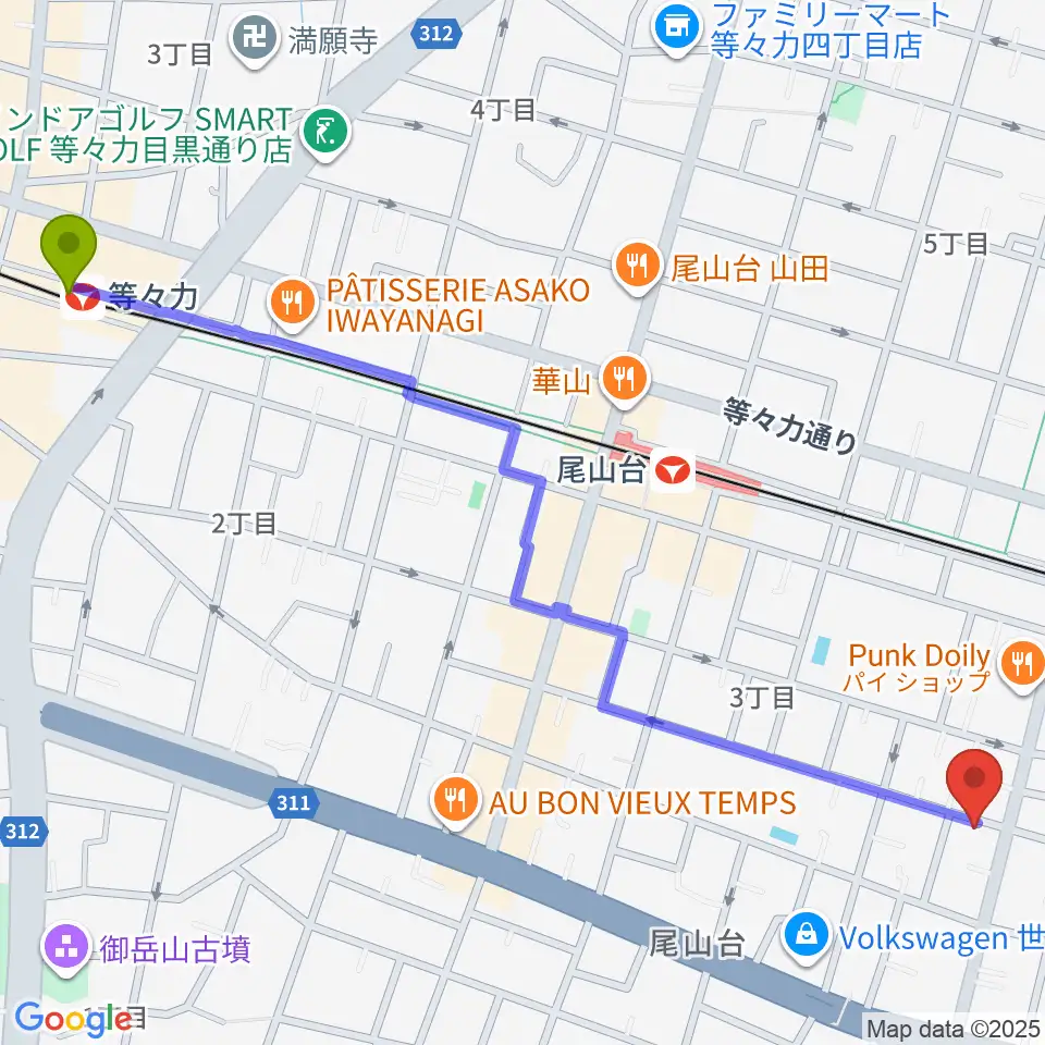 等々力駅からワクイシステム/涌井純子ハープ教室へのルートマップ地図
