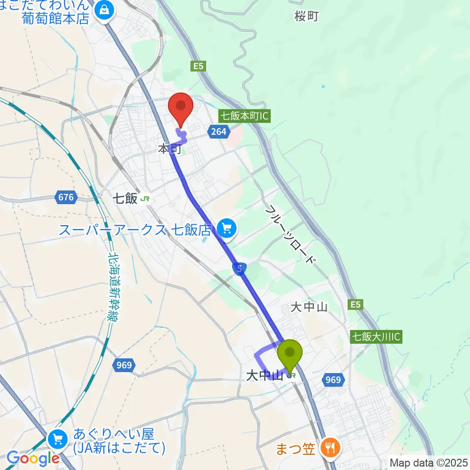 大中山駅から七飯町文化センターへのルートマップ地図
