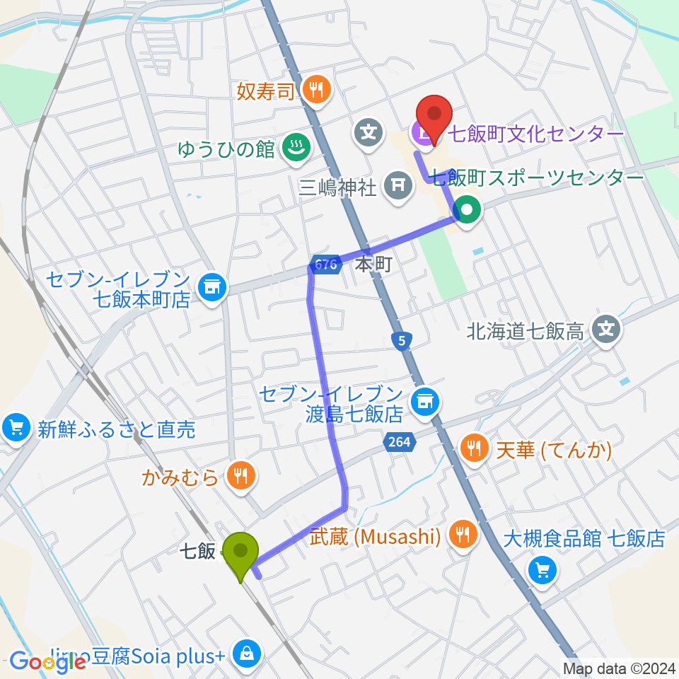 七飯町文化センターの最寄駅七飯駅からの徒歩ルート（約20分）地図