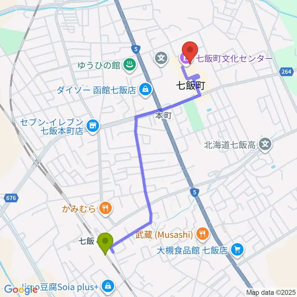 七飯町文化センターの最寄駅七飯駅からの徒歩ルート（約20分）地図