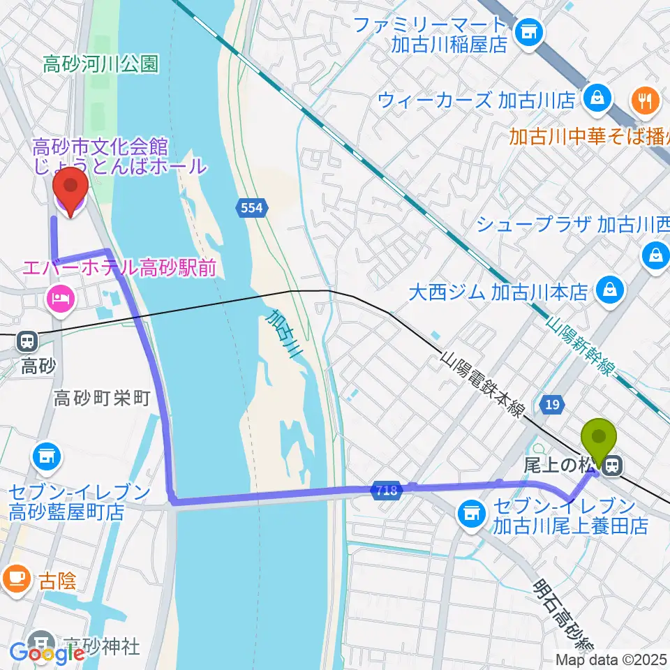 尾上の松駅から高砂市文化会館へのルートマップ地図