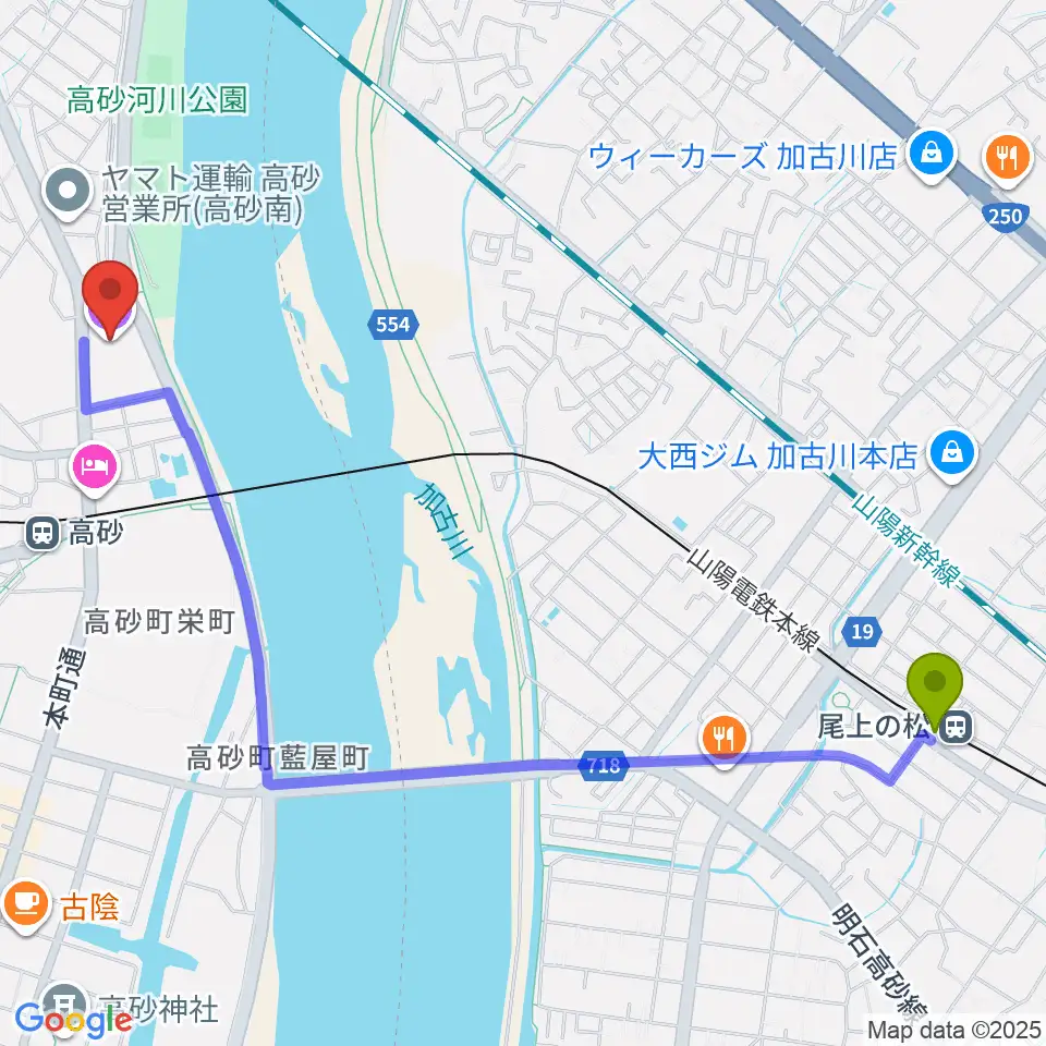 尾上の松駅から高砂市文化会館へのルートマップ地図