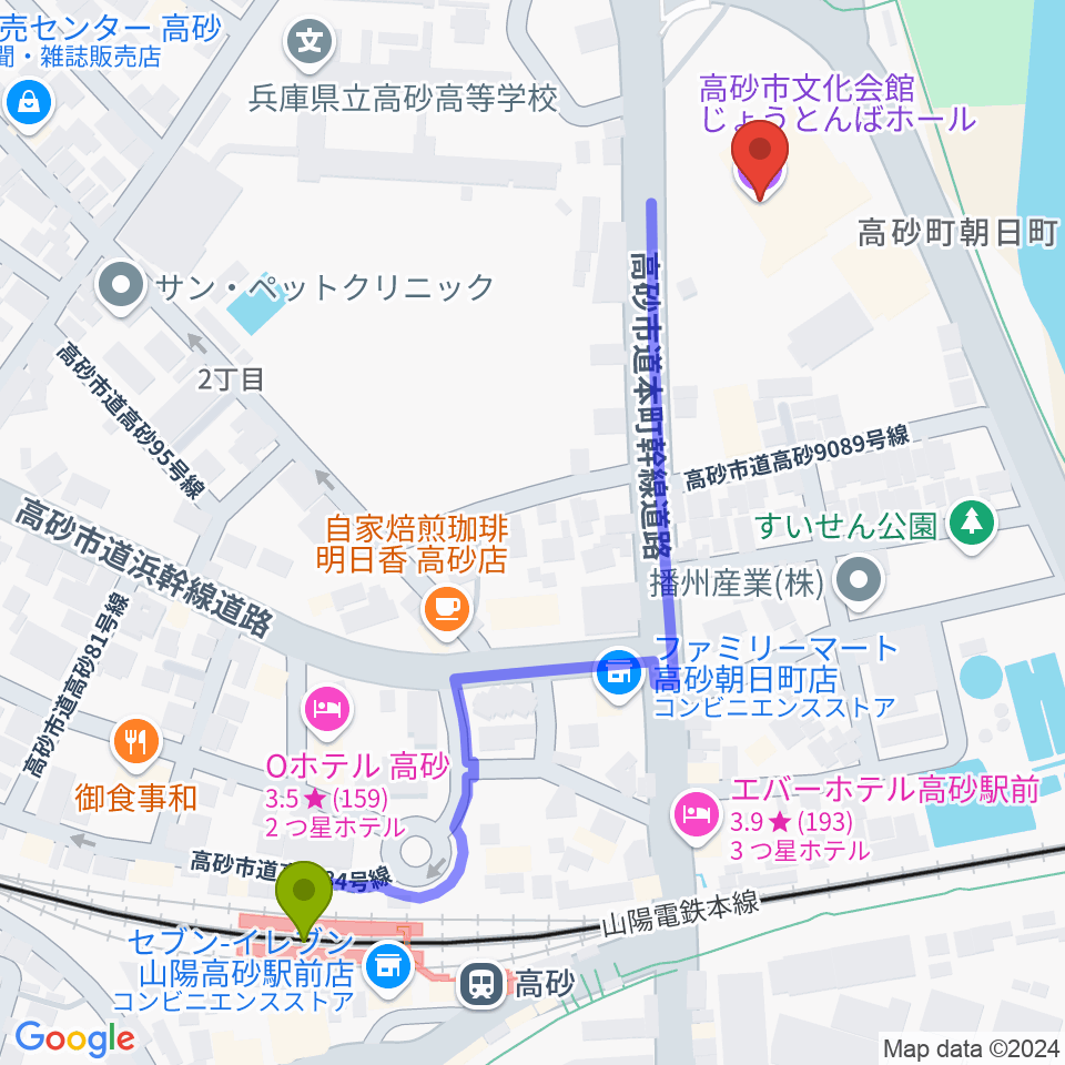 高砂市文化会館の最寄駅高砂駅からの徒歩ルート（約6分）地図