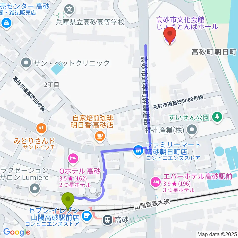 高砂市文化会館の最寄駅高砂駅からの徒歩ルート（約6分）地図