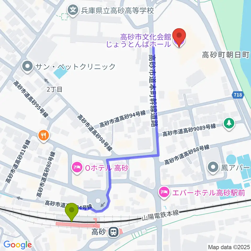 高砂市文化会館の最寄駅高砂駅からの徒歩ルート（約6分）地図