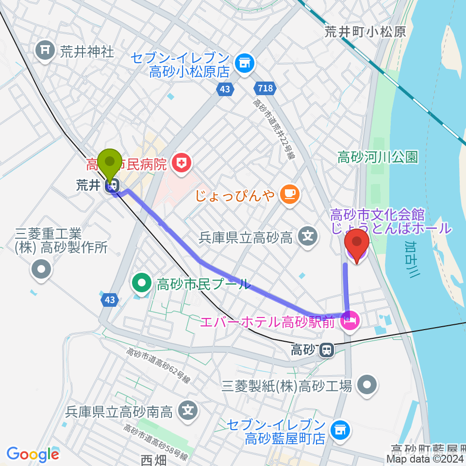 荒井駅から高砂市文化会館へのルートマップ地図