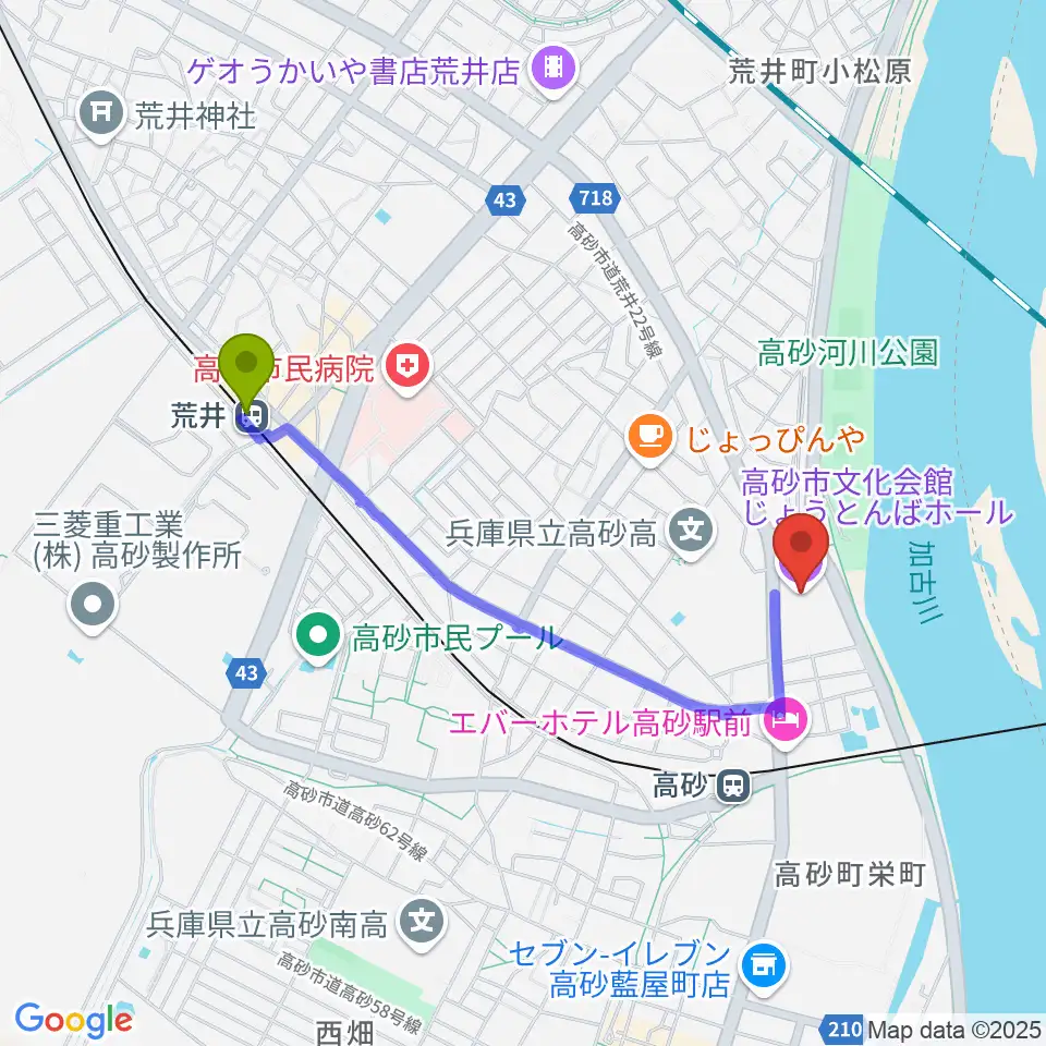 荒井駅から高砂市文化会館へのルートマップ地図