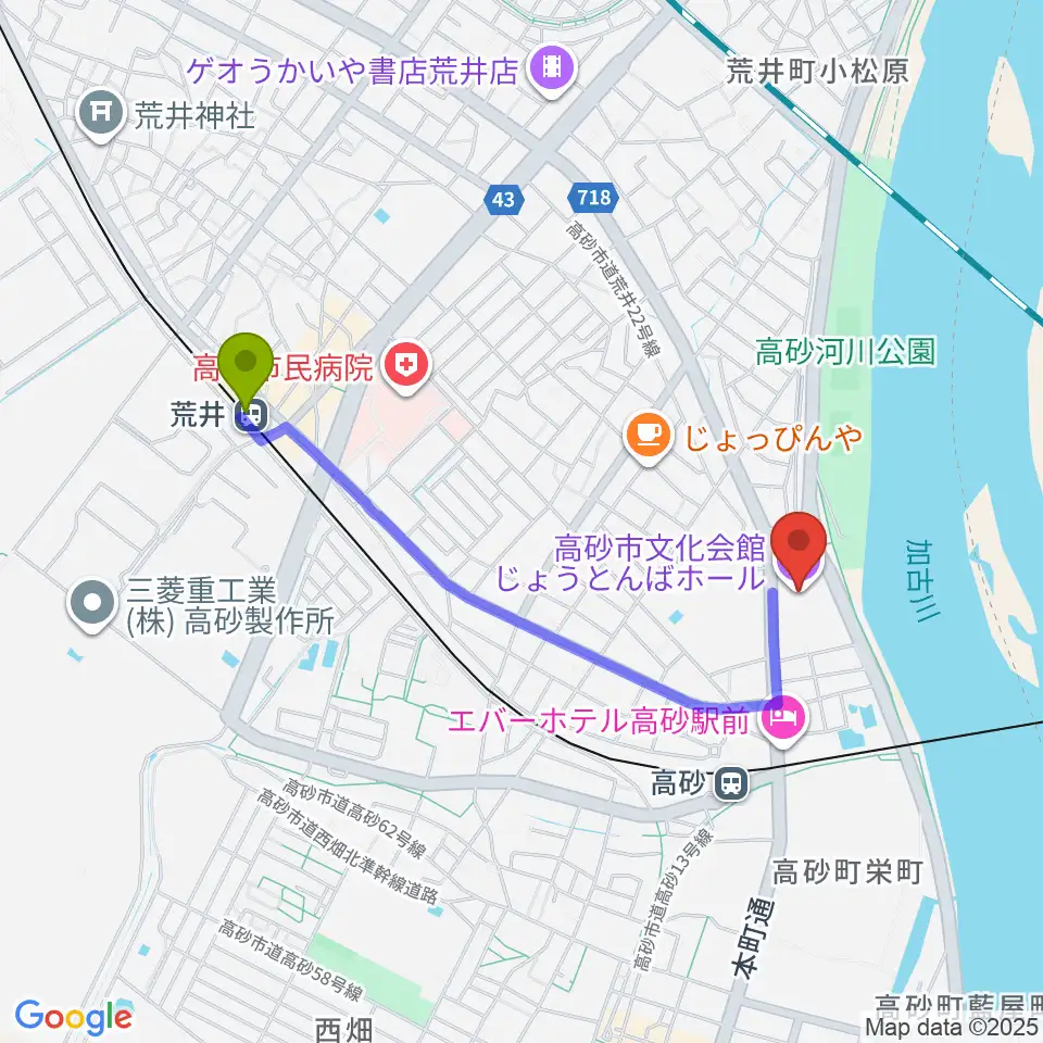 荒井駅から高砂市文化会館へのルートマップ地図
