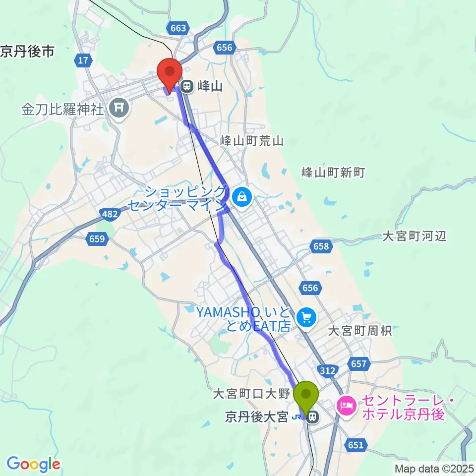 京丹後大宮駅から京都府丹後文化会館へのルートマップ地図