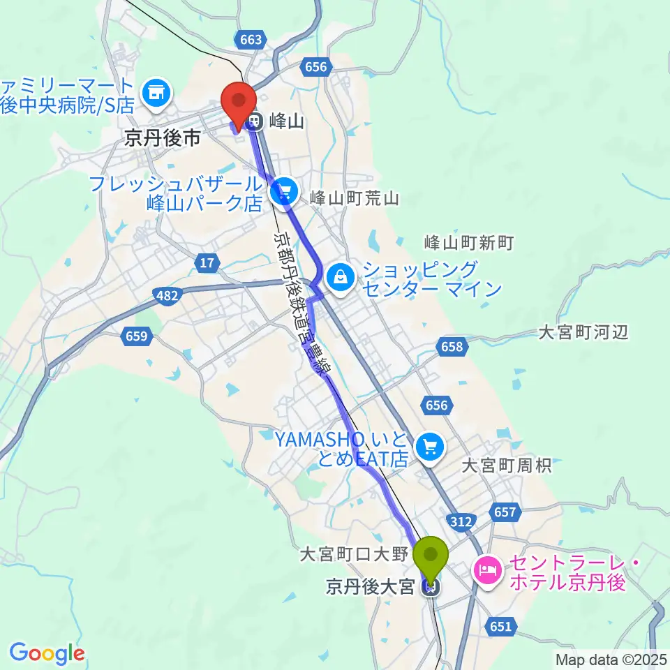 京丹後大宮駅から京都府丹後文化会館へのルートマップ地図