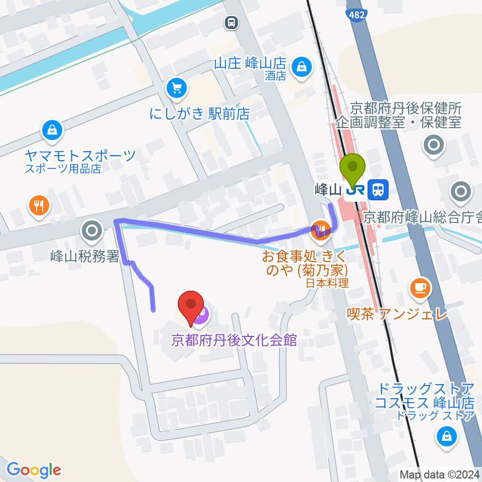 京都府丹後文化会館の最寄駅峰山駅からの徒歩ルート（約3分）地図