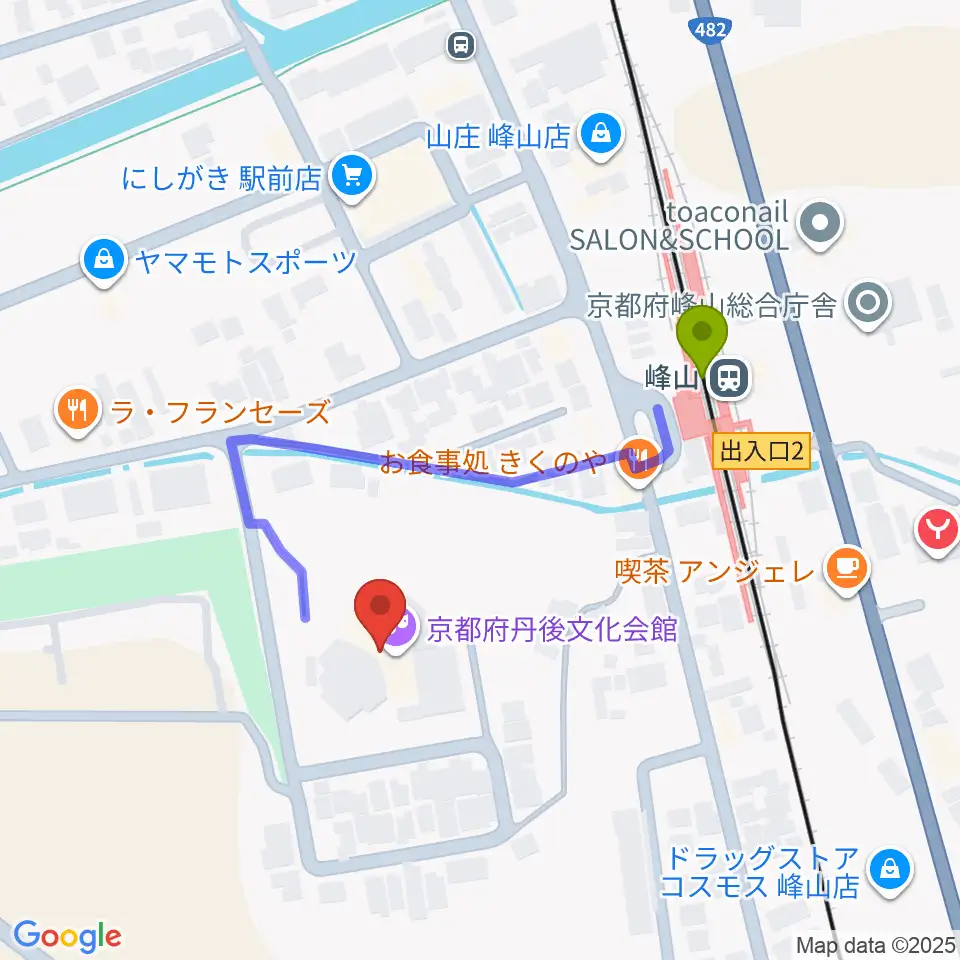 京都府丹後文化会館の最寄駅峰山駅からの徒歩ルート（約3分）地図