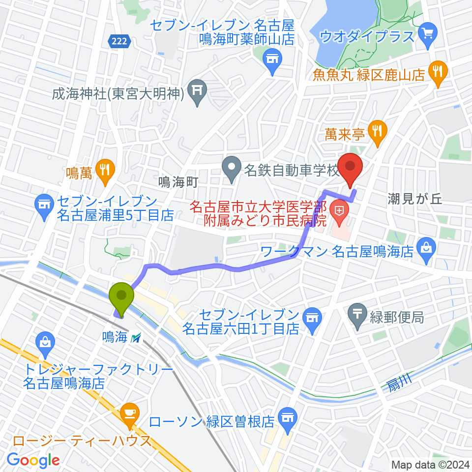 Shiraki Music Schoolの最寄駅鳴海駅からの徒歩ルート（約17分）地図
