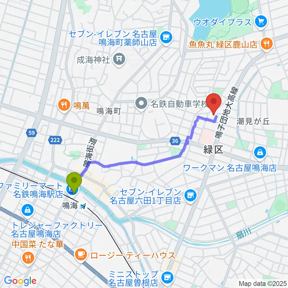Shiraki Music Schoolの最寄駅鳴海駅からの徒歩ルート（約17分）地図