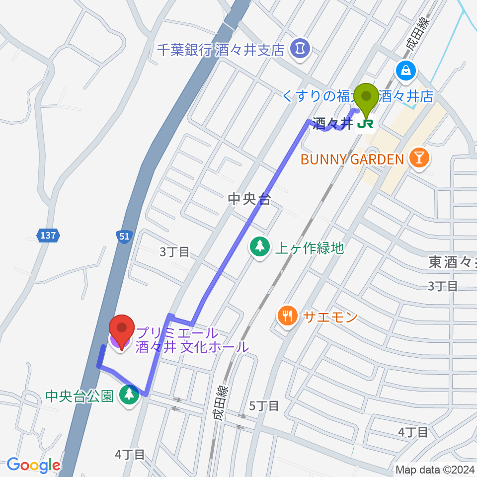 プリミエール酒々井の最寄駅酒々井駅からの徒歩ルート（約11分）地図