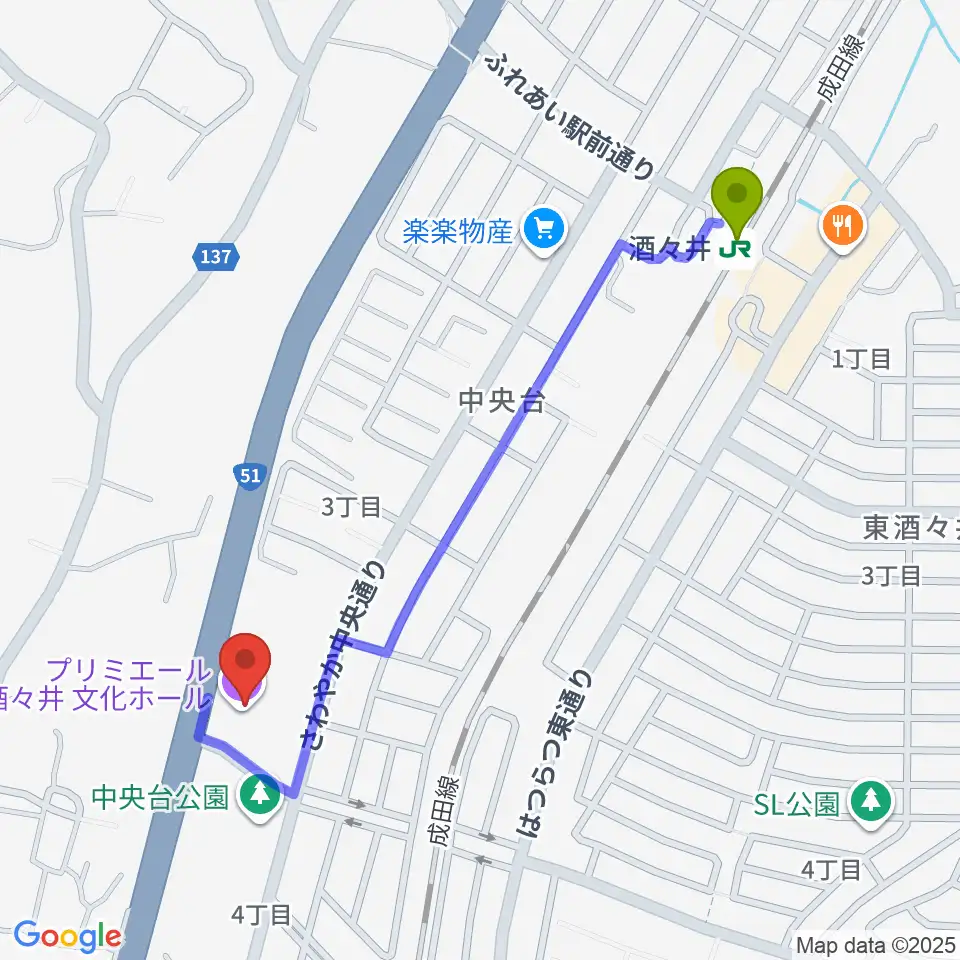 プリミエール酒々井の最寄駅酒々井駅からの徒歩ルート（約11分）地図