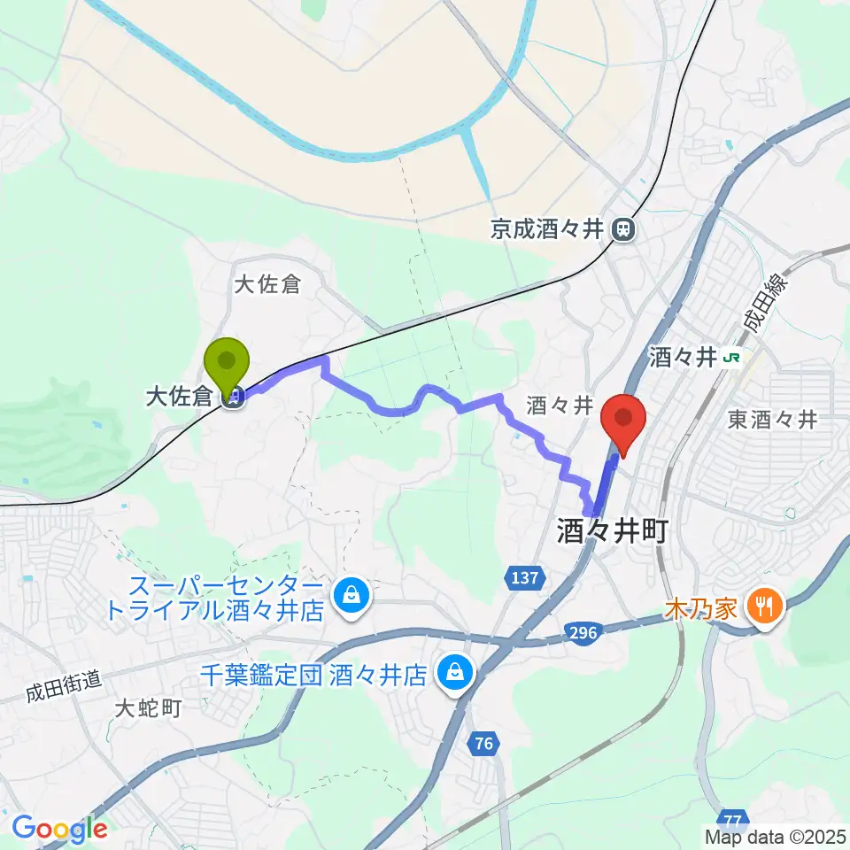 大佐倉駅からプリミエール酒々井へのルートマップ地図