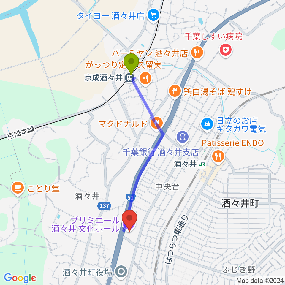 京成酒々井駅からプリミエール酒々井へのルートマップ地図