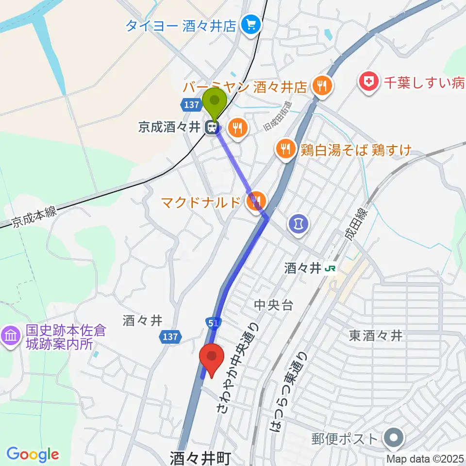 京成酒々井駅からプリミエール酒々井へのルートマップ地図