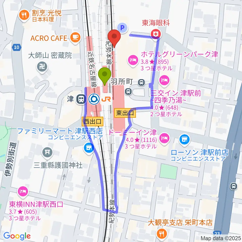 アストプラザの最寄駅津駅からの徒歩ルート（約1分）地図