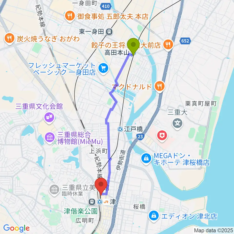 高田本山駅からアストプラザへのルートマップ地図