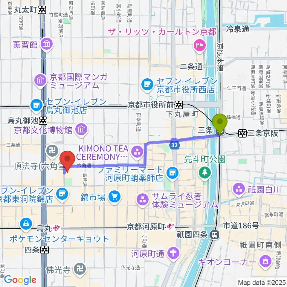 三条駅からウィングス京都へのルートマップ地図