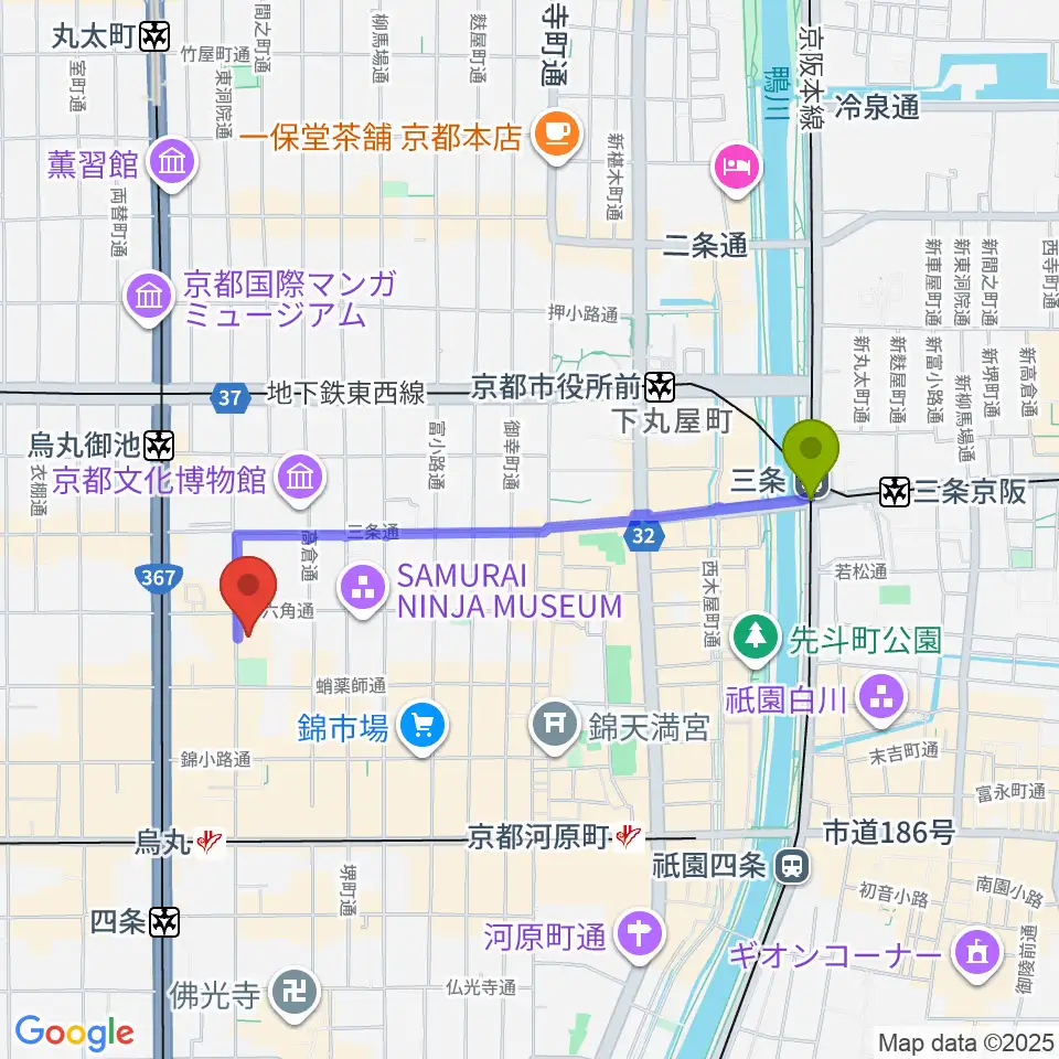 三条駅からウィングス京都へのルートマップ地図
