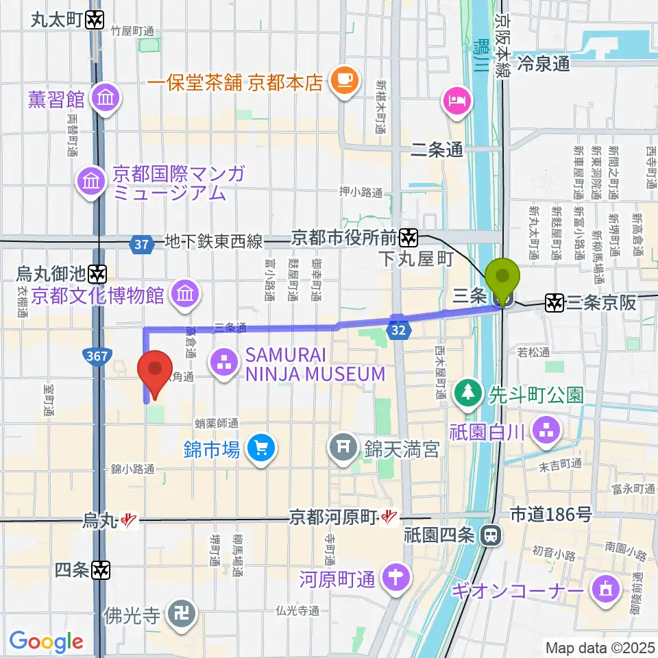 三条駅からウィングス京都へのルートマップ地図