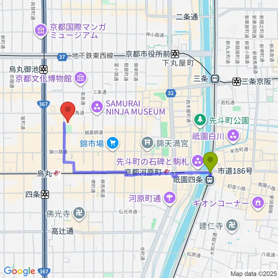 祇園四条駅からウィングス京都へのルートマップ地図