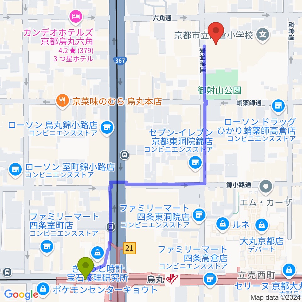 ウィングス京都の最寄駅烏丸駅からの徒歩ルート（約7分）地図