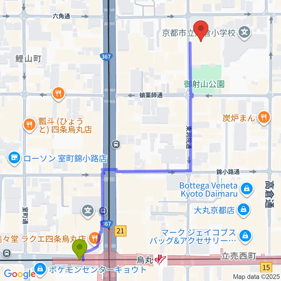 ウィングス京都の最寄駅烏丸駅からの徒歩ルート（約7分）地図