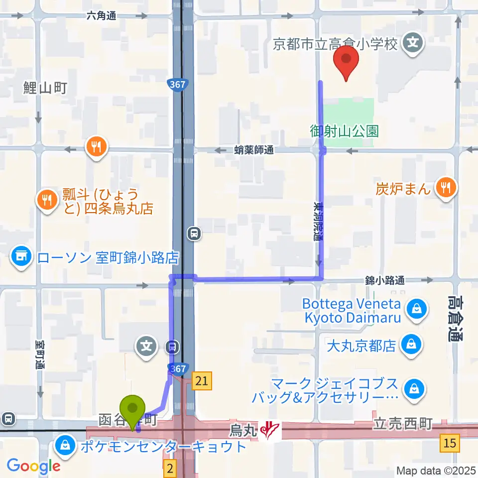 ウィングス京都の最寄駅烏丸駅からの徒歩ルート（約7分）地図