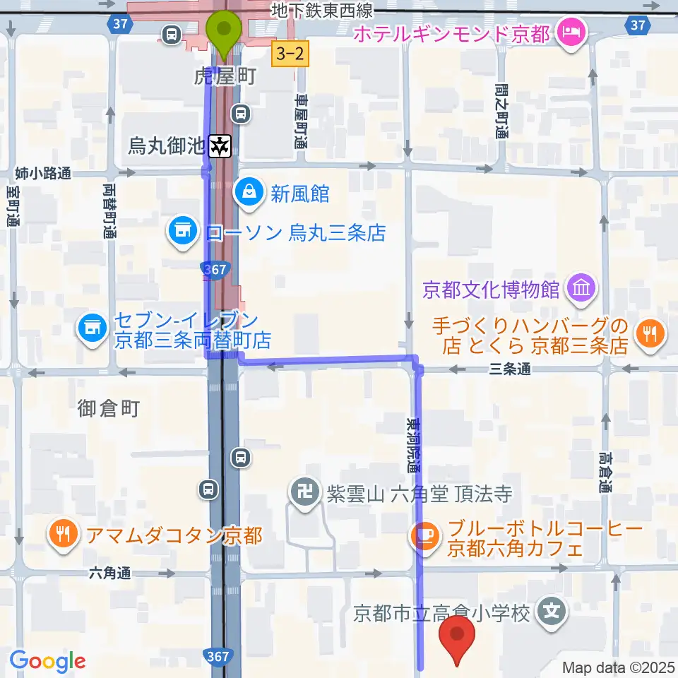 烏丸御池駅からウィングス京都へのルートマップ MDATA