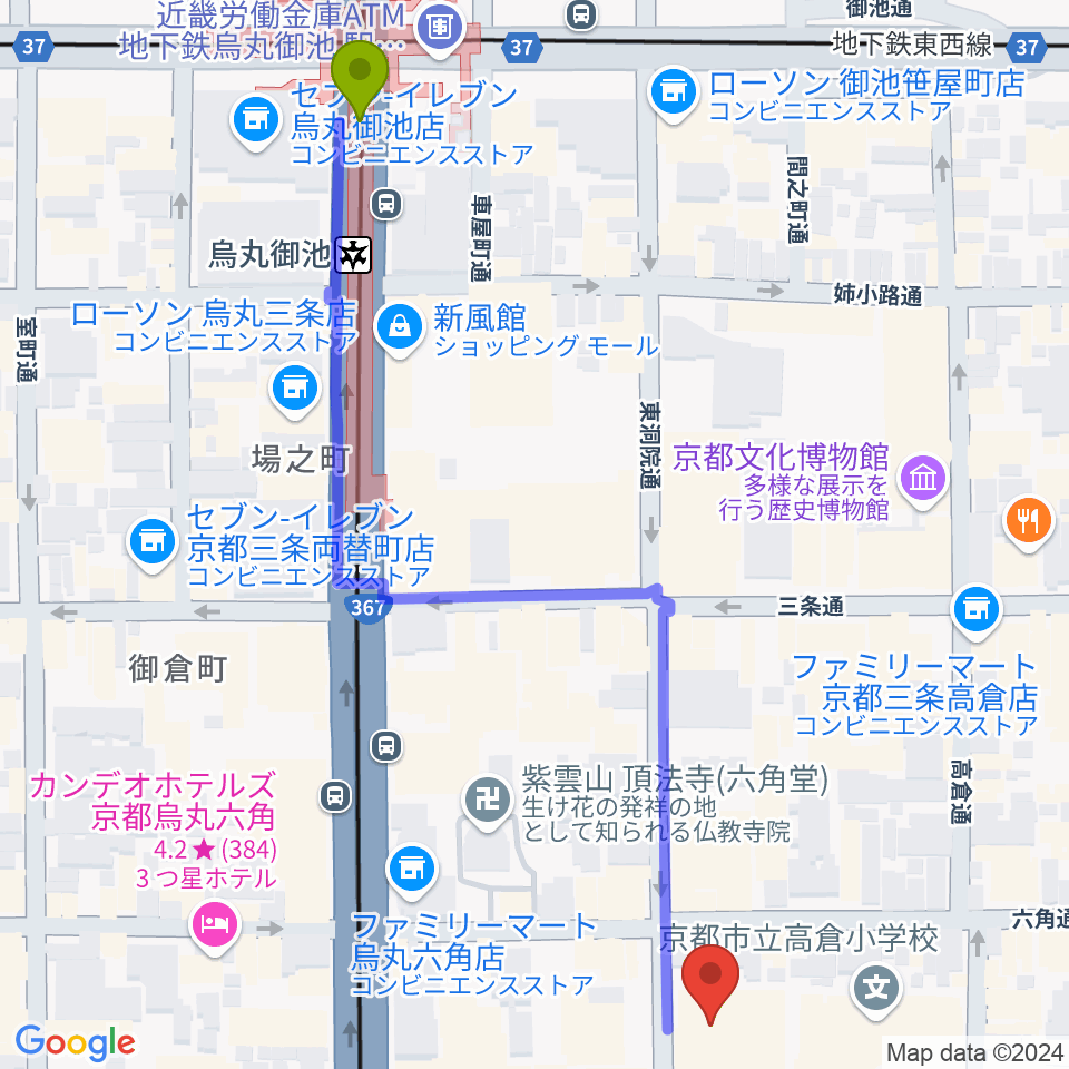 烏丸御池駅からウィングス京都へのルートマップ地図